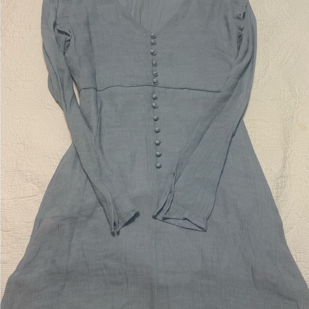 Line & Dot Dusty Blue Long Sleeve Button-Front Dress